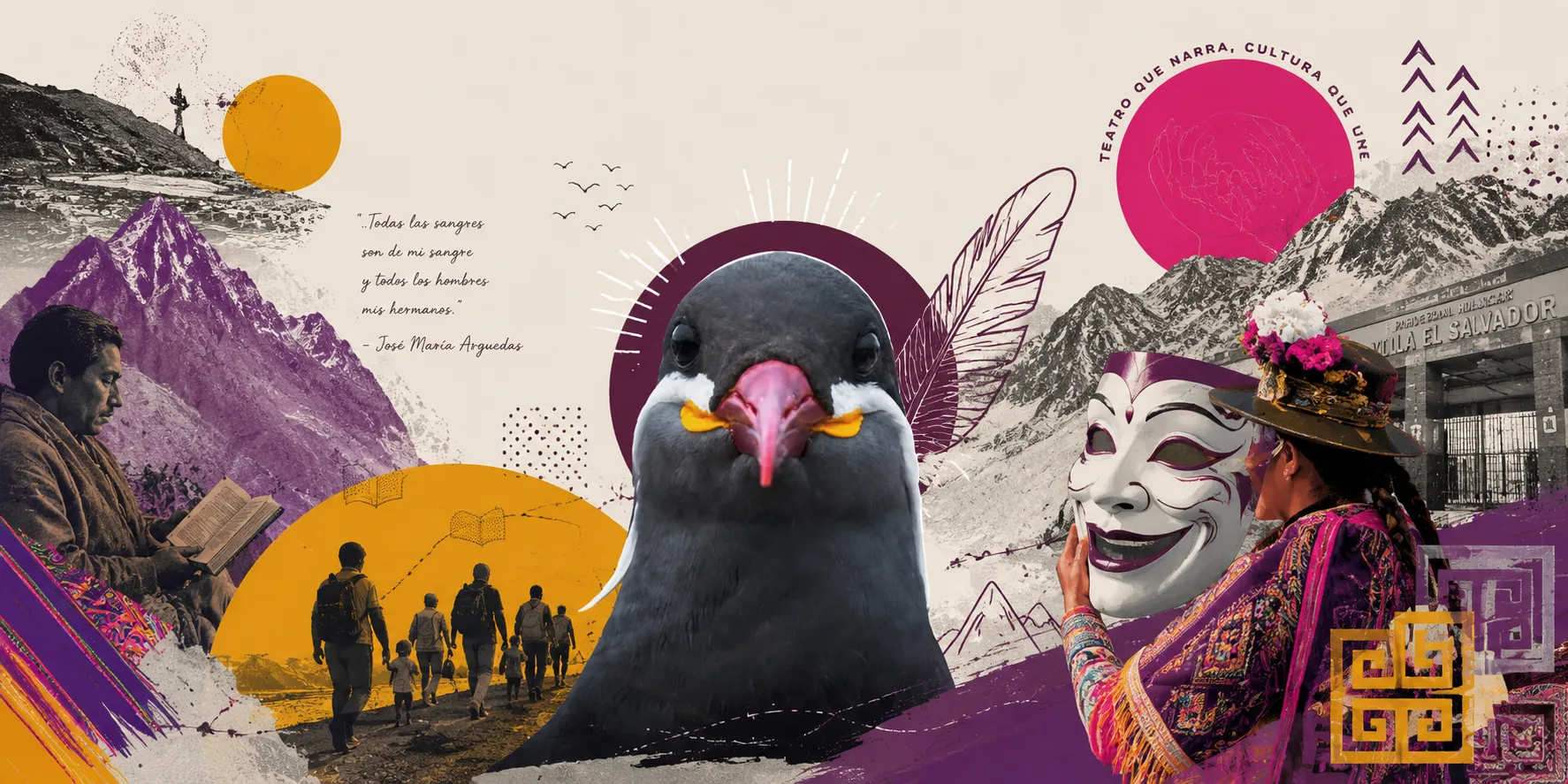 Collage editorial de Lima: un zarcillo de frente sobre un sol vino, cerros, una máscara de teatro, una mujer con sombrero andino, un hombre leyendo y grecas en mostaza y fucsia.